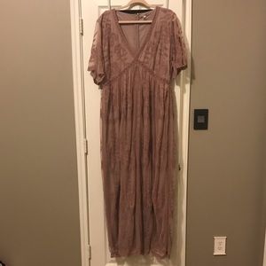 Pink Blush 2X mauve lace overlay maxi dress